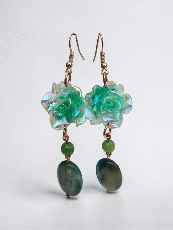 Handmade Jewelry - Handmade Iridescent Green Flower Drop Earrings with Green Jasper Stone